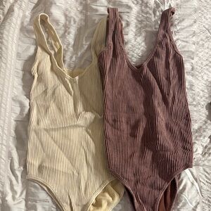 Ribbed V-Neck Bodysuit - Cream and Brown